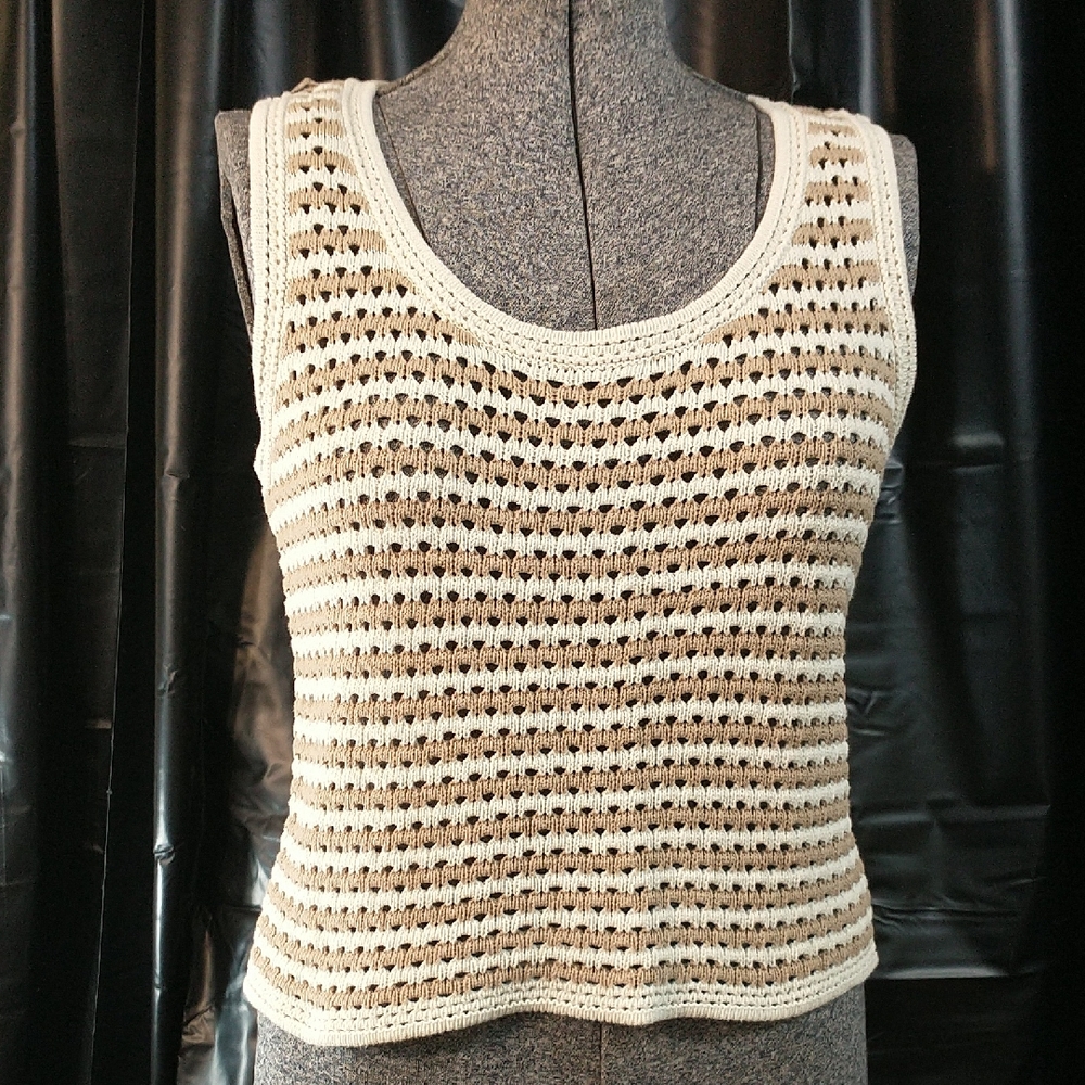Blu Pepper Crochet Knit Sweater Vest - Cream and Brown